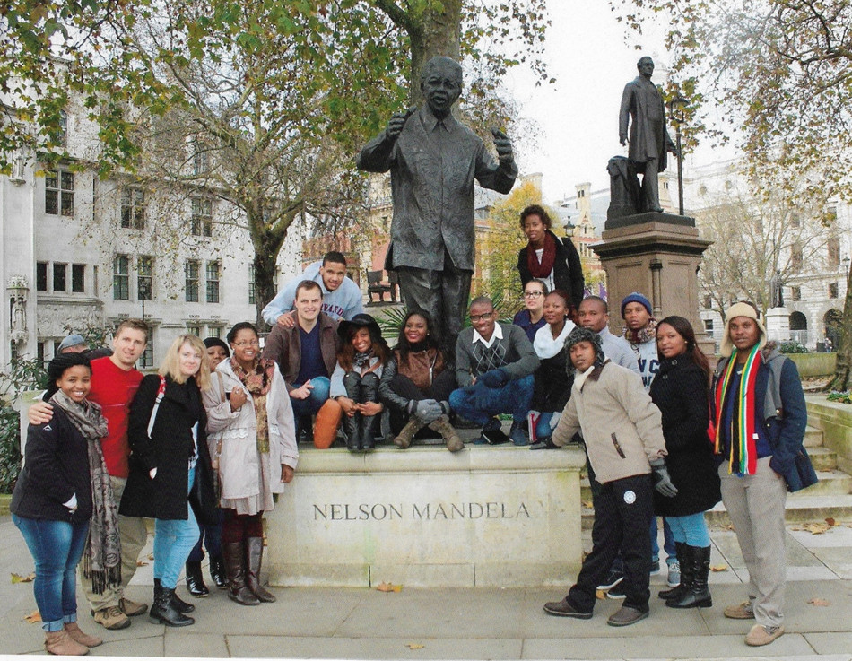 Abes at Nelson Mandela's statue in Westminster Square
